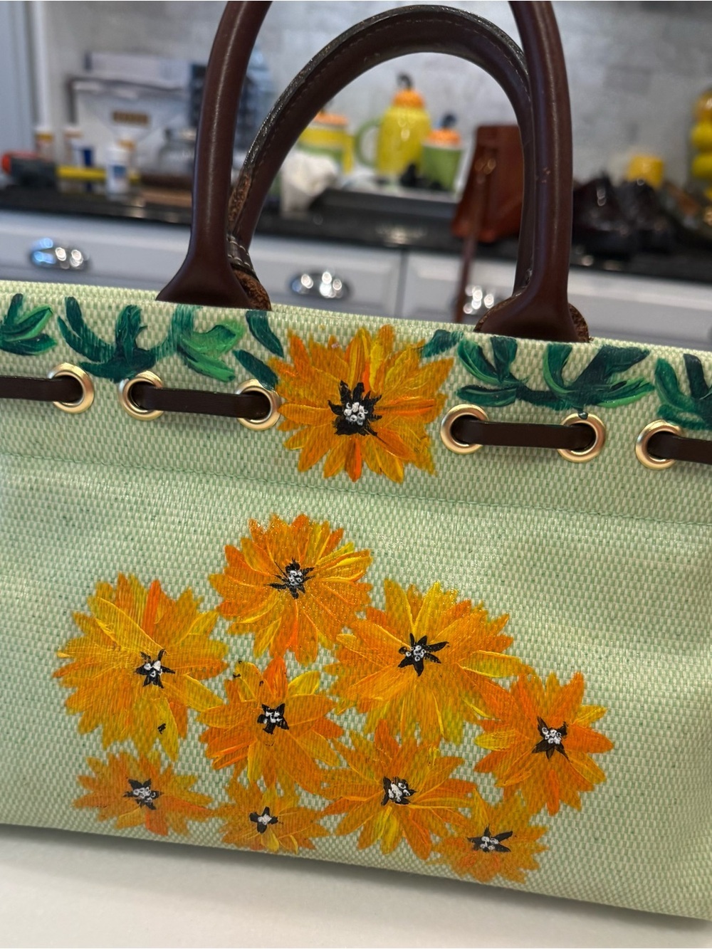 Dooney & Bourke VTG RARE Light Green Basketweave Tote W/Sunflowers EUC - Picture 5 of 15